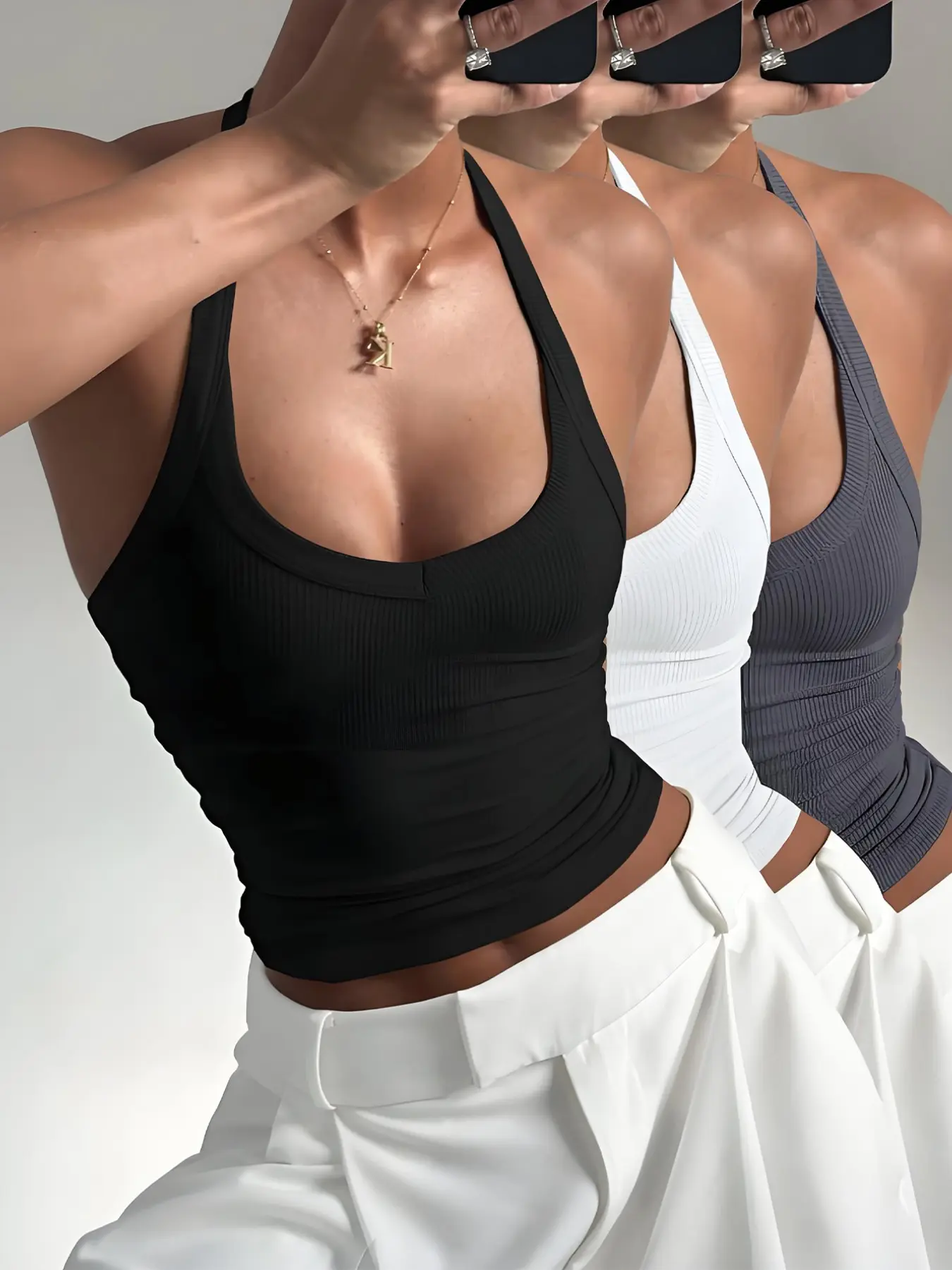 2026 Summer Minimalist Chic Solid Color 3 Pack Halter U Neck Crop Cami, Ruched Side Fitted Tank Tops, Elastic Waist, Breathable Design