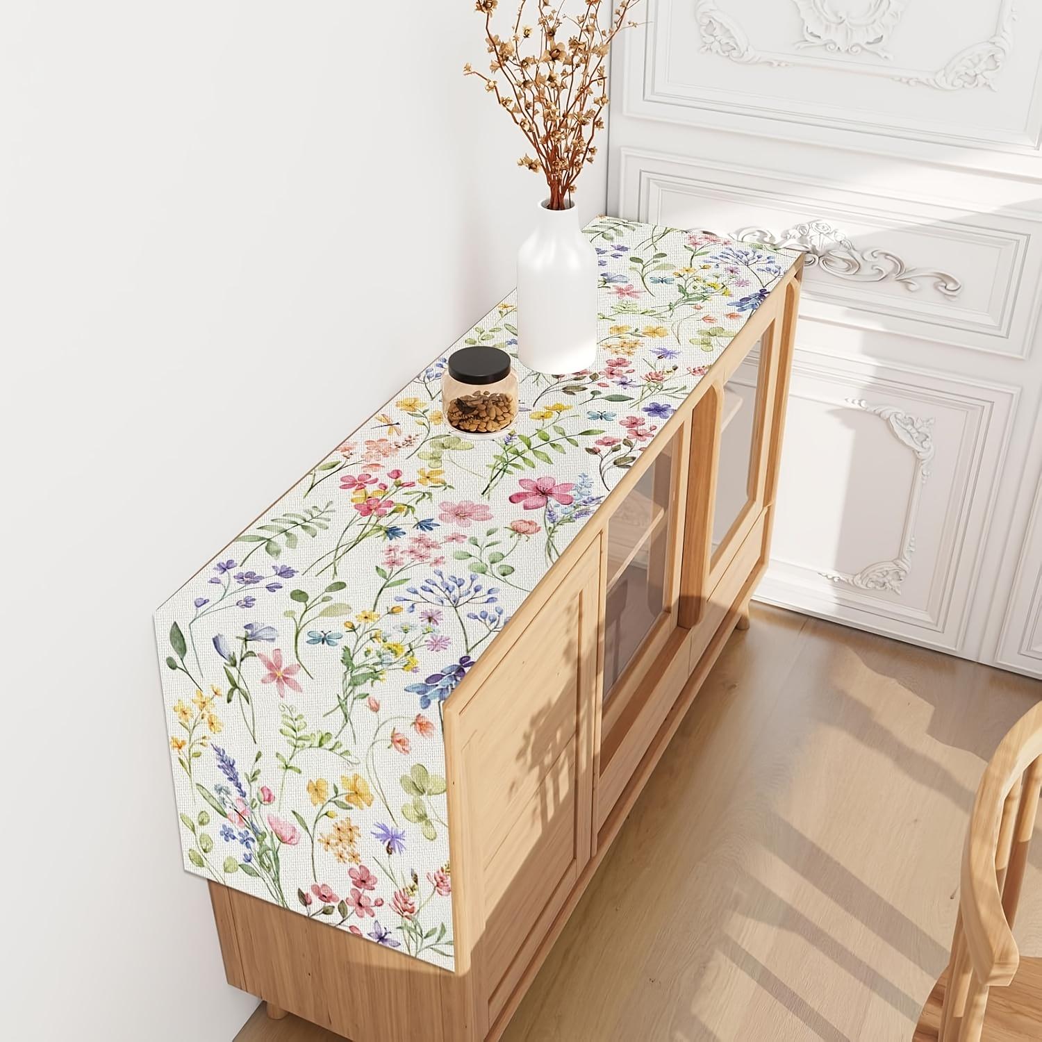 Floral Linen Table Runner - 100% Woven Linen, Flower Pattern, Rectangle, Available in Multiple Sizes for Dining Room, Spring Summer Easter Table Decor