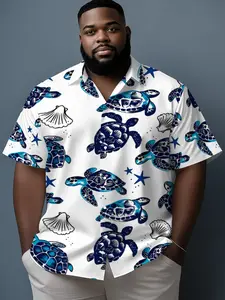 Men's Turtle Shell Print Short Sleeve Shirt, Casual Loose-Fit Hawaiian Style, Summer Vacation Fashion, Asymmetrical Design, All Seasons