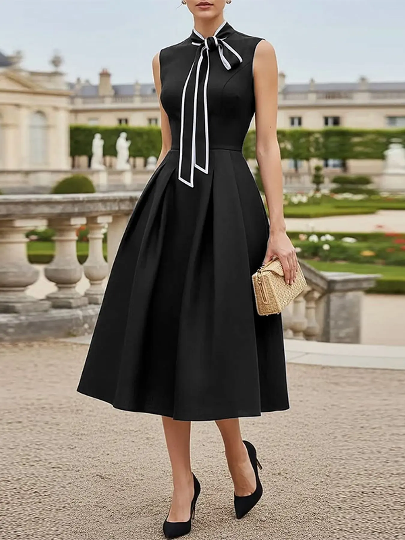 Women's Tie-Neck Sleeveless Colorblock Flowy Midi Dress, Casual Chic Elegant Spring & Fall Fashion, A-Line Pleated Waist Cinch Design, Unlined Raised-Fiber Surface