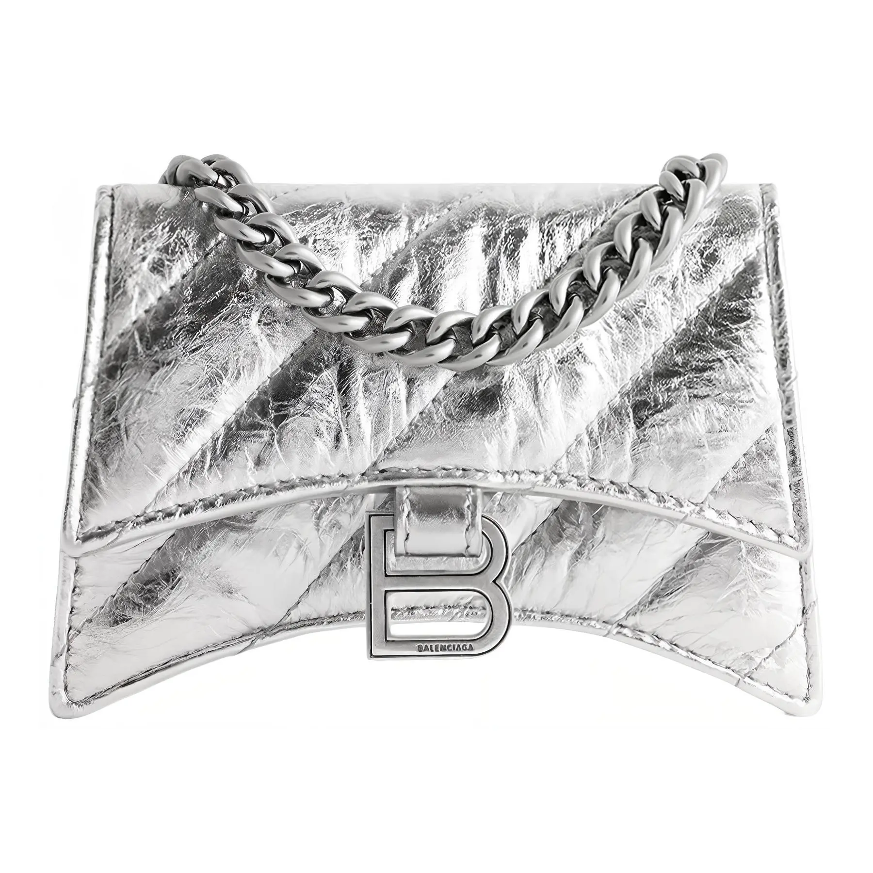 Balenciaga Crush Quilted Metallic Leather Crossbody Bag for Women, Silver