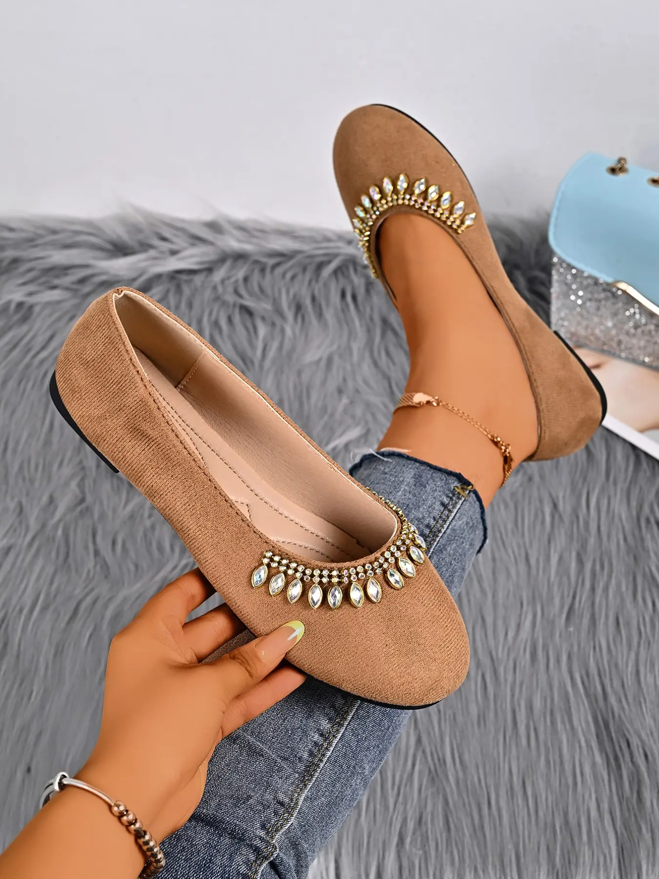 Women Rhinestone Fringe Round Toe Suede Flat Ballet Shoes, Elegant Footwear for Daily Wear, Comfortable & Stylish Design