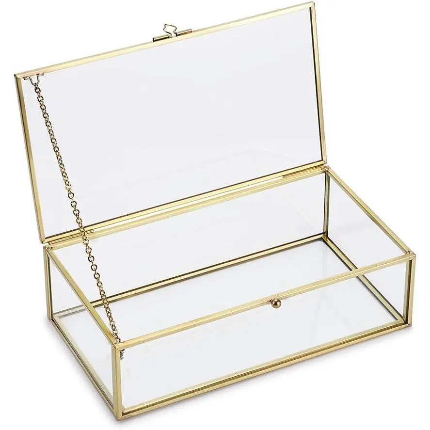 Vintage Glass Keepsake Box, Rectangle Gold Jewelry Display Organizer |     Clear Lidded Box for Home Decor, Storage of Trinkets, Rings, Bracelets