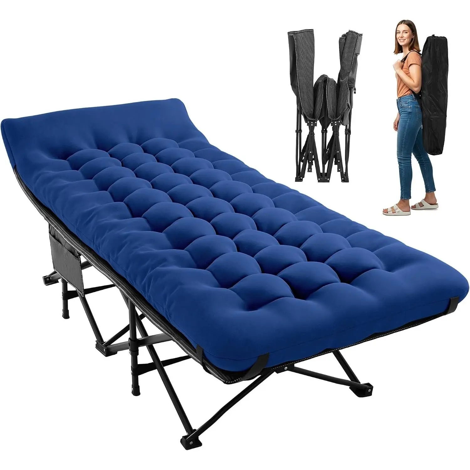 Camping Cot for Sleeping 28" Extra Wide, Heavy-Duty 1200D Oxford Foliding Cots for Adults Portable with Mattress, Carry Bag for Guest, Travel, Hiking, Navy