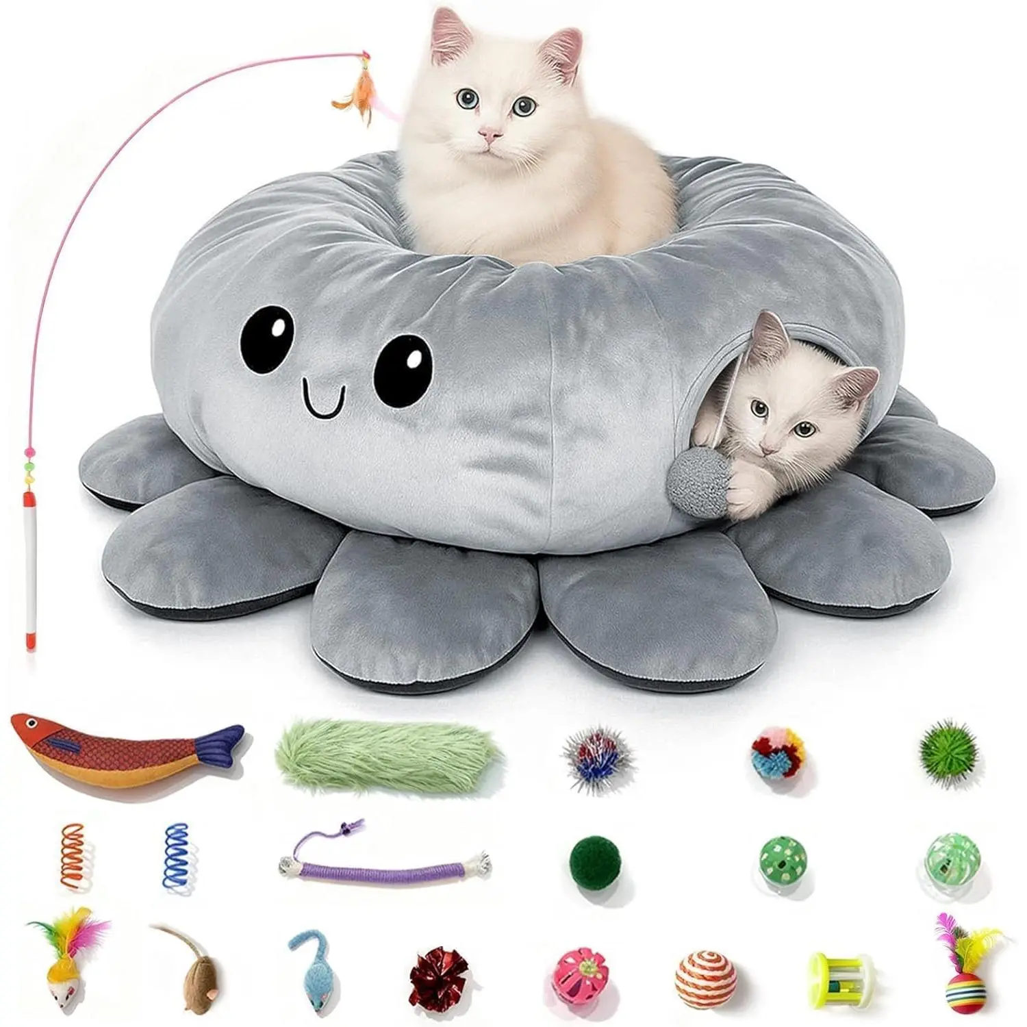 Tunnel Bed for Indoor Cats, Peekaboo  Cave Bed with 20 count  Toys, Soft  Donut Tunnel for Kitten Large Cats, Grey Octopus