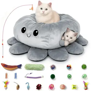 Tunnel Bed for Indoor Cats, Peekaboo  Cave Bed with 20 count  Toys, Soft  Donut Tunnel for Kitten Large Cats, Grey Octopus