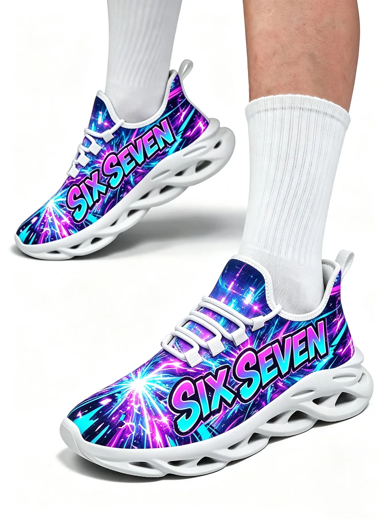 Fashion Gradient Neon SIX SEVEN Text Graphic Casual Sneakers for Men Women, Lightning Galaxy Print Hollow Out Thick Sole Dad Shoes, Breathable Non Slip Athletic Walking Running Street Trainers