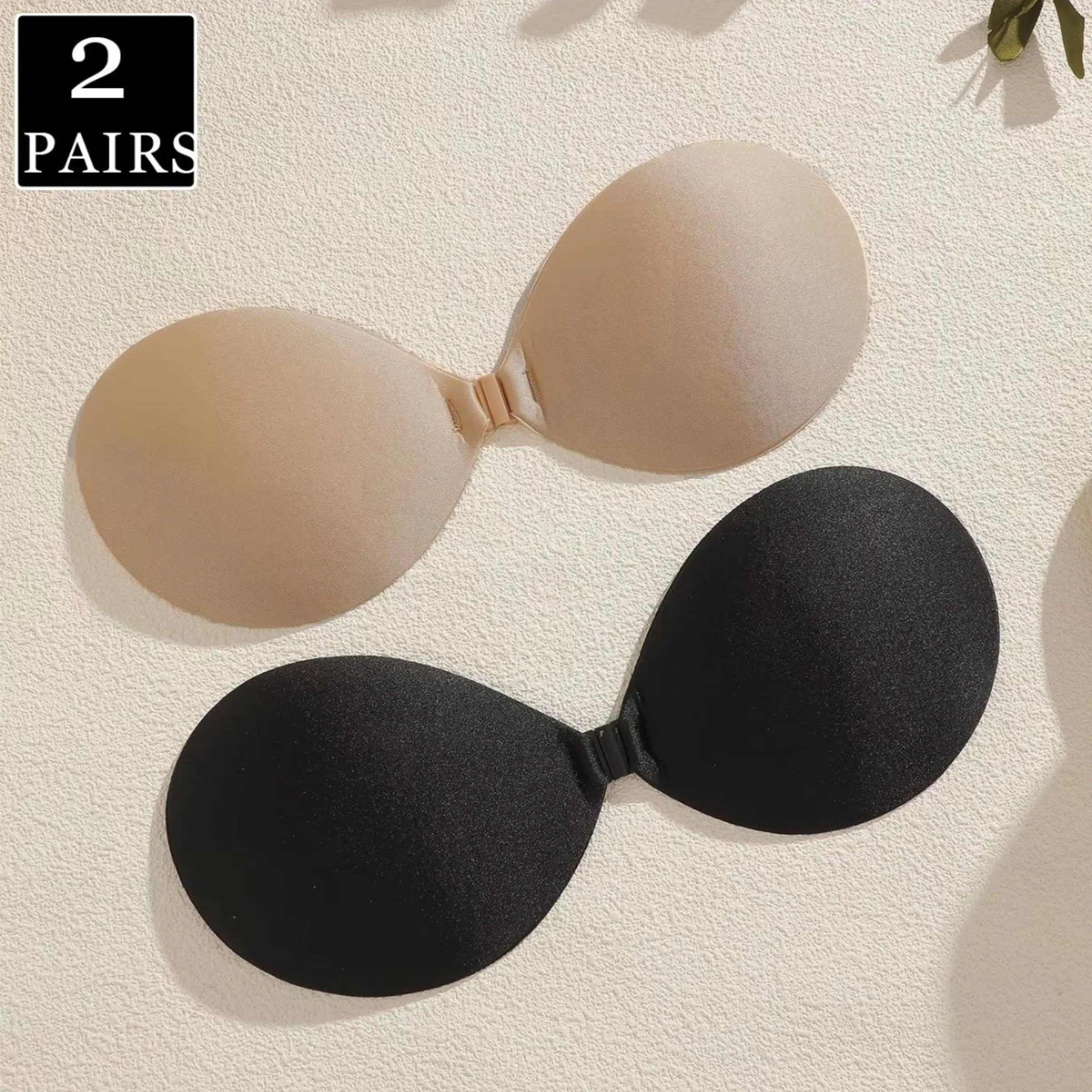 2 Pairs Front Buckle Push Up Invisible Adhesive Underwear Bra, Strong Adhesive Anti-Slip Bust Lifter Strapless Nipple Covers, Black & Nude For Wedding, Evening Dress & Daily Outfits, Invisible Bras
