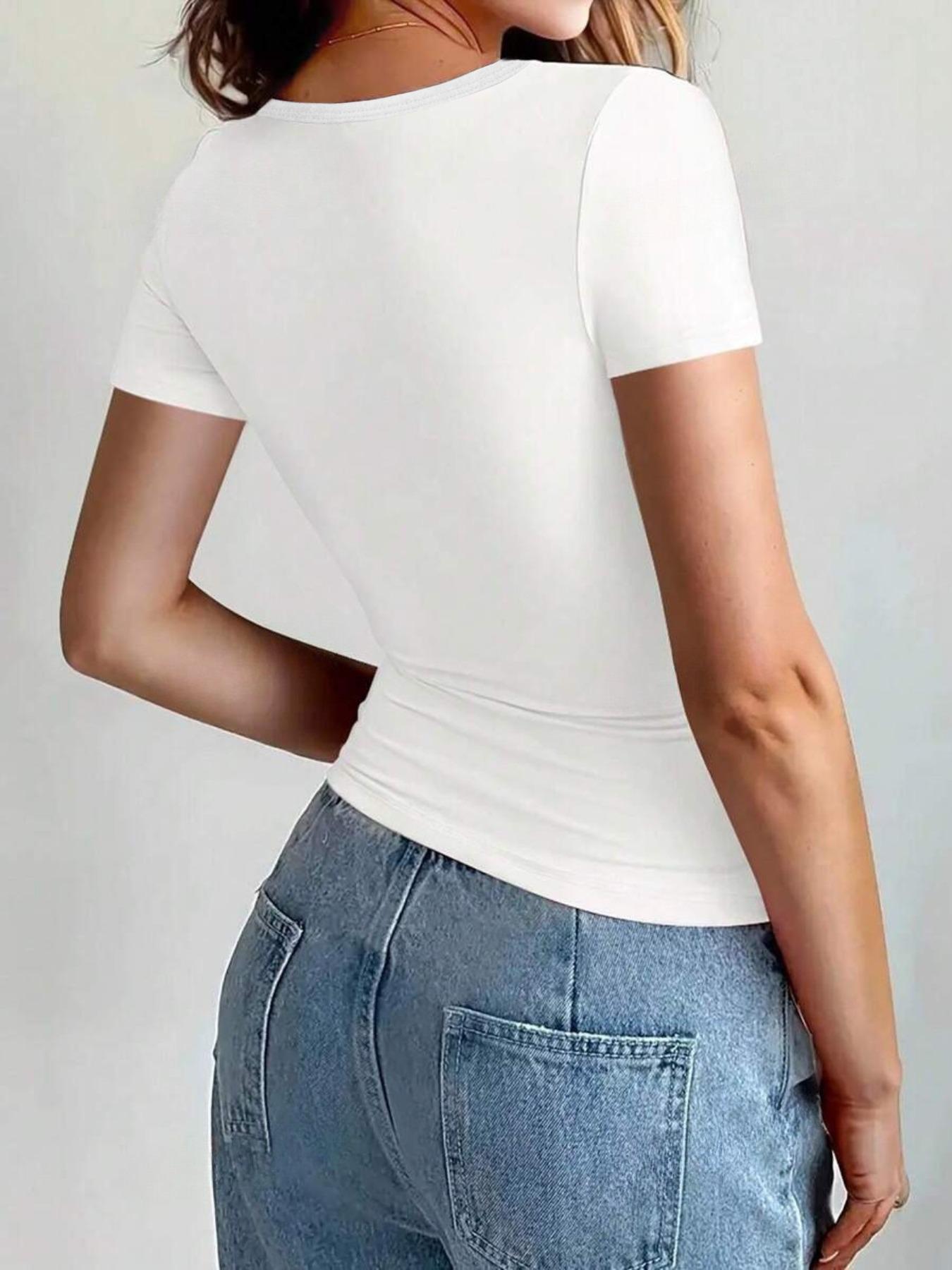 Women's Solid Round Neck Crop Tee, Casual Short Sleeve Crew Neck T-Shirt for Summer, Fashion Women's Top for Daily Wear, Casual Everyday Wear