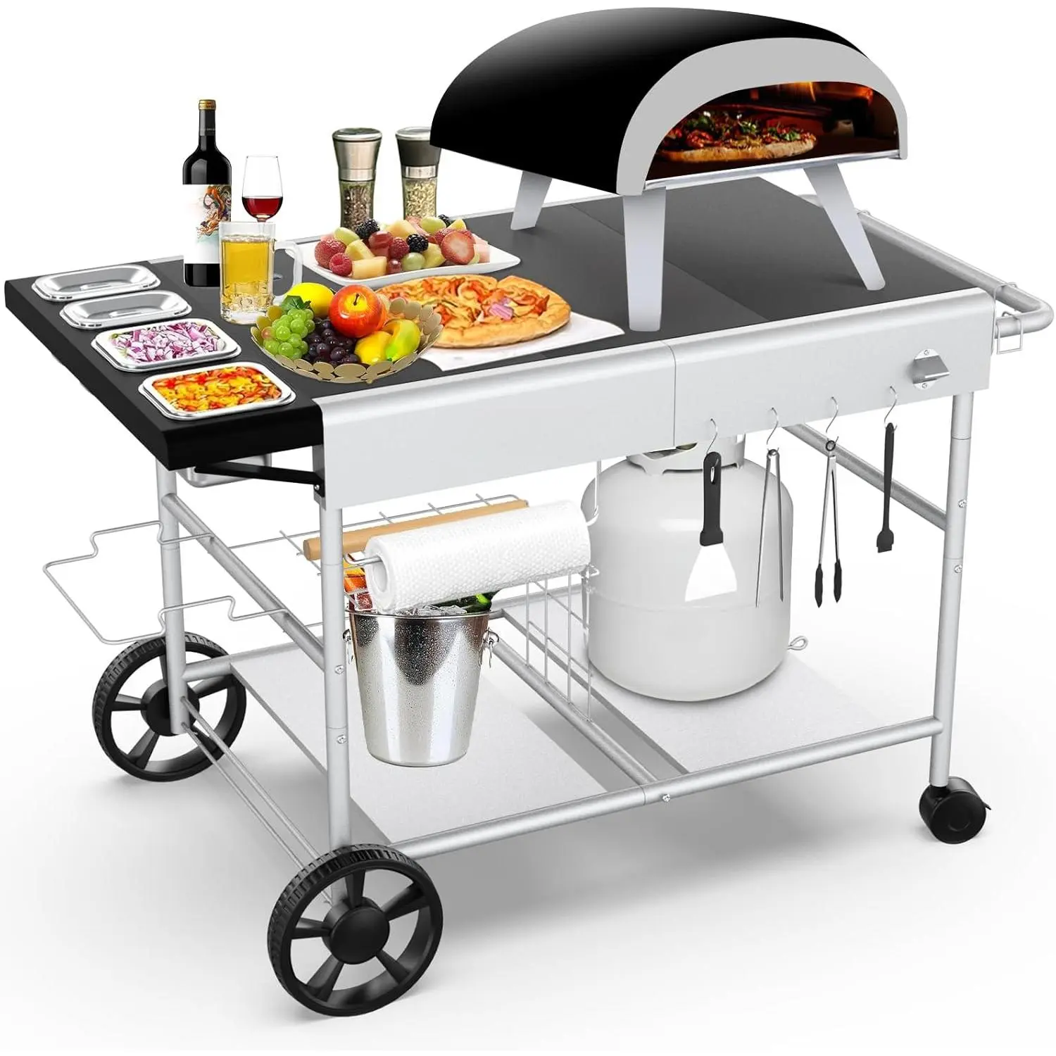 Pizza Oven Table Grill Cart with Topping Station, Grill Table Stand with Wheels for Ninja, Blackstone Griddle, Ooni, Gozney, Cuisinart, Heavy Duty BBQ Prep Cart with Storage Shelf and Hooks