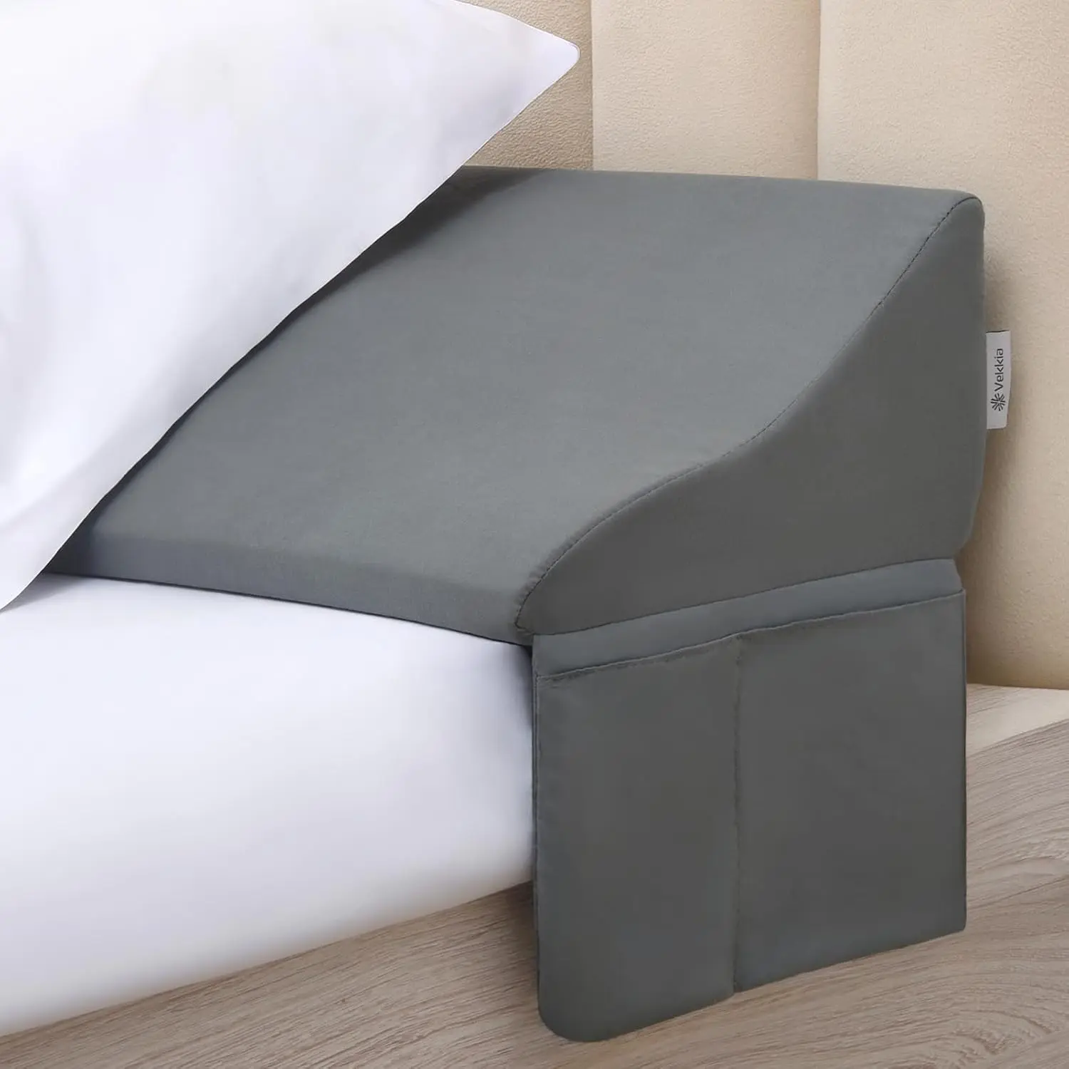 King Bed Wedge Pillow for Headboard Gap – 0–6" Bed Gap Filler with Firm Foam Support & Extra-Large Pockets – Prevents Lost Pillows, Phones & Small Items (Gray)
