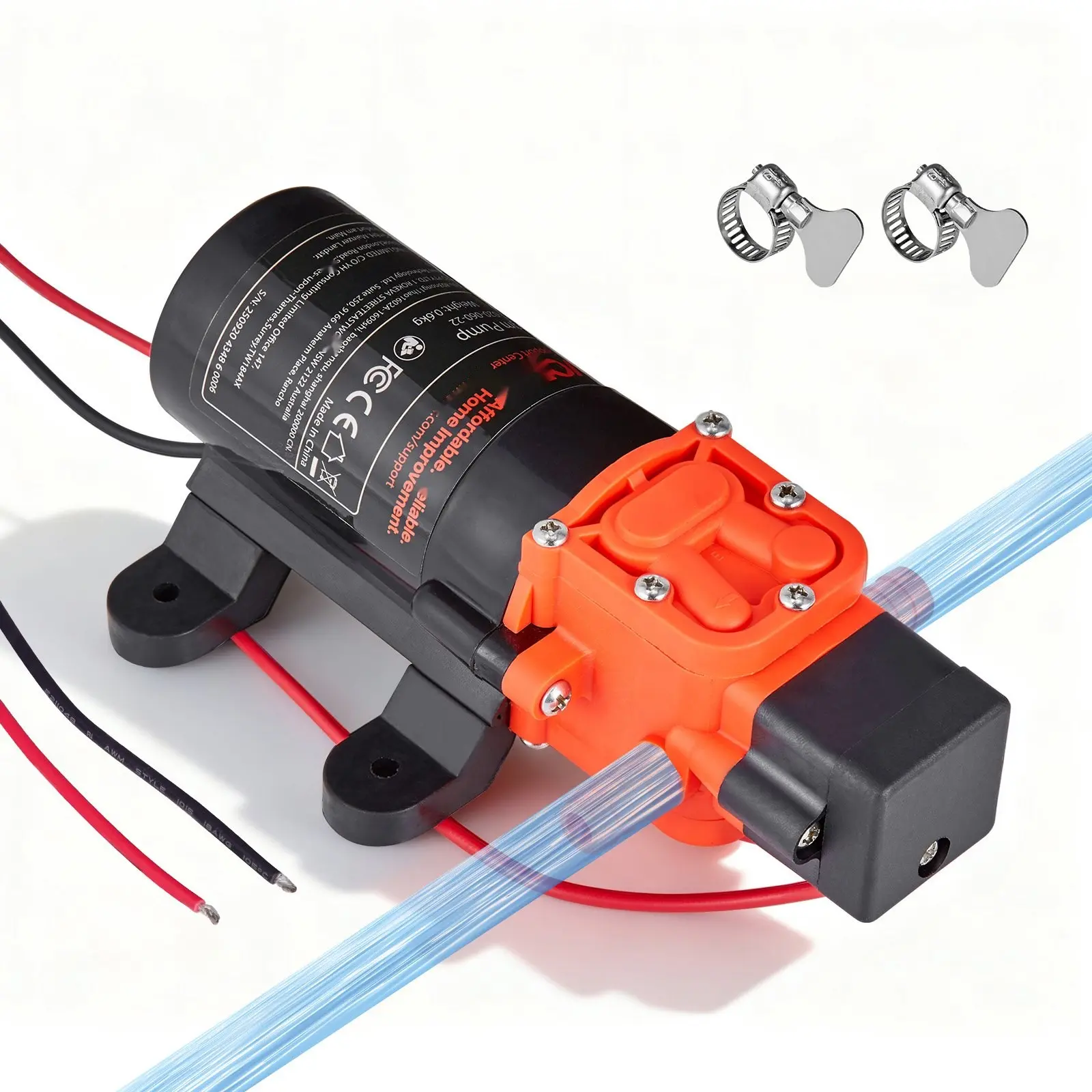 12V DC Water Pressure Pump for RV Users, 1.2 GPM (4.5 L/min), 2-Chamber Self-Priming Diaphragm Pump, 80 PSI Max Pressure, Quiet Operation, Includes 2 Hose Clamps for Marine Garden Irrigation Systems, 12V Dc Pump