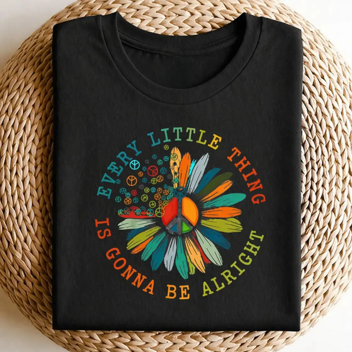 Retro 70s Peace Sign T-Shirt with Daisy Graphic, Casual Hippie Style in Smooth 100% Cotton, Seamless & Lightweight, Solid, Soft, Shortsleeve, Fabric, Top, Women's Graphic Tees