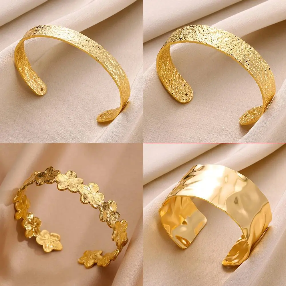 Women's 304 Stainless Steel Adjustable Wide Bangles - 100% Brand New, 10.00g-30.00g Luxury Gold Chunky Flower Cuff Bracelet, Vintage Wedding Costume Jewelry Gifts, Adjustable Bracelets & Bangles, 304 Stainless Steel Bracelets & Bangles