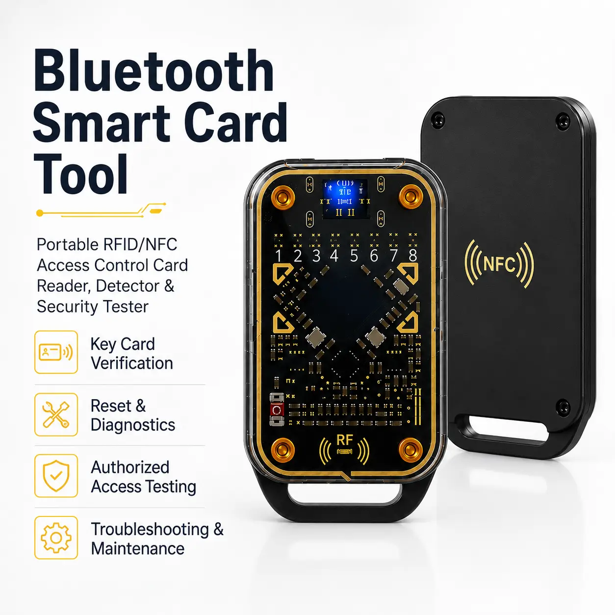 Bluetooth Smart Card Tool, Portable RFID/NFC Access Control Card Reader, Detector & Security Tester, Key Card Verification, Reset and Diagnostic Device for Door Entry Systems, Authorized Access Testing, Troubleshooting & Maintenance Equipment