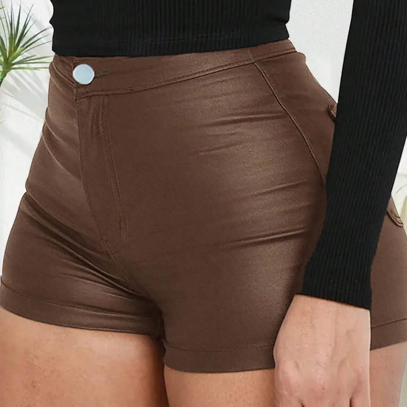 Women's Solid Color High-Waisted Faux Leather Shorts, Stretchy Slim with Cuffed Hems, Spring and Fall Y2K Goth Streetwear Fashion for Clubbing and Nights Out