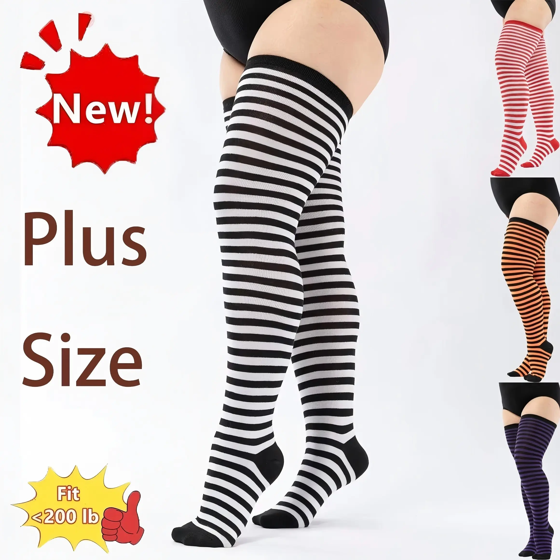 1 Pair Plus Size Striped Over Knee Socks Wide Rib Cuff Non Slip Roll Down High Stretch Fit Thigh High Socks Multi Color Halloween Cosplay Daily Casual Women Stockings Knitted Socks