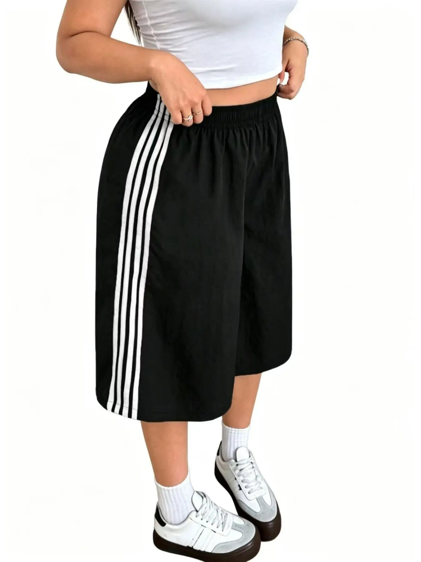 Plus Size Women's 3/4 Striped Wide Leg Pants, Elastic Waist Loose Fit Casual Skirt Pants, Thick Fabric Street Style Long Pants
