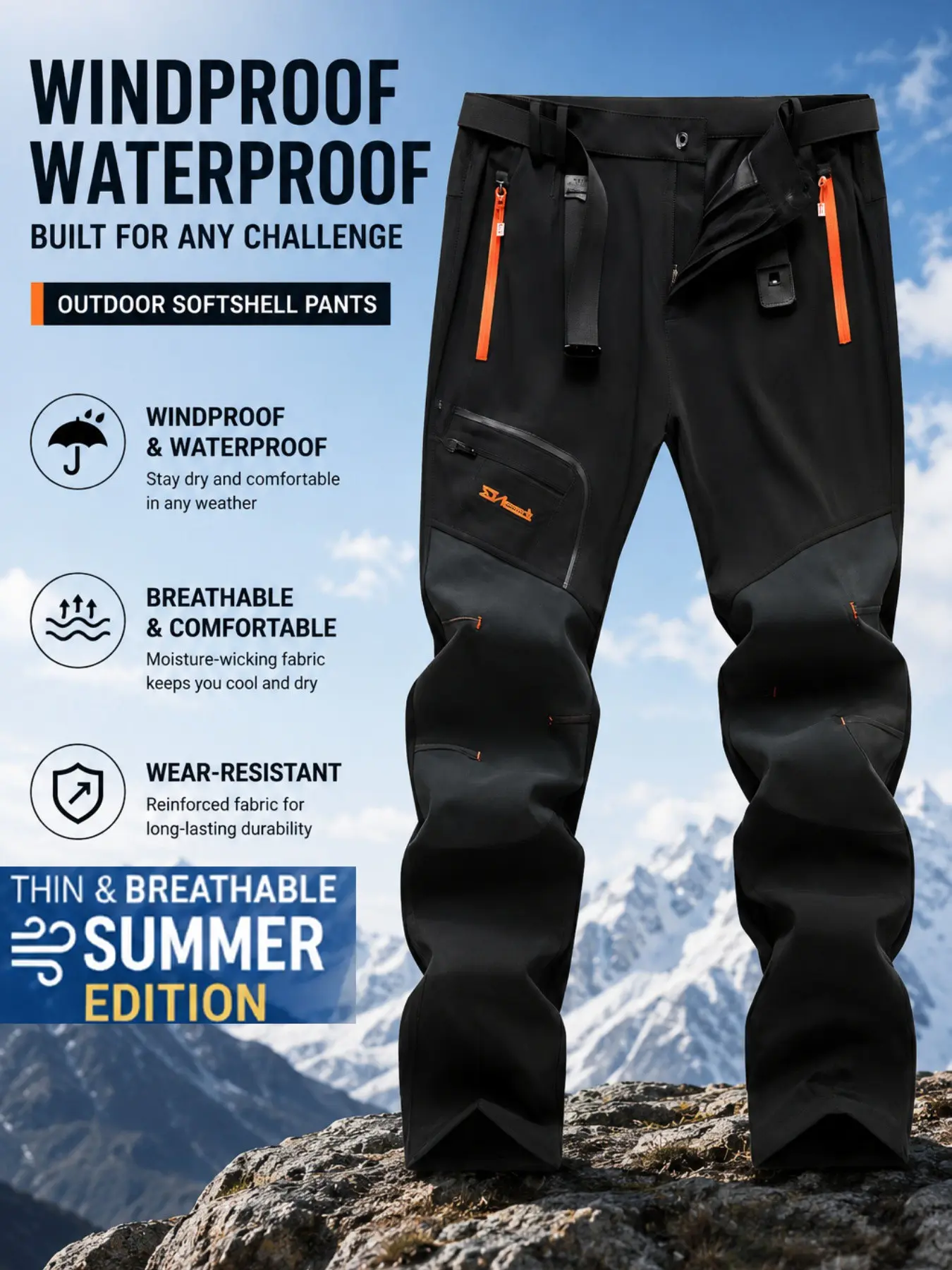 Men's Summer Outdoor Functional Fleece Pants, Belted Pants, Tight Fitting Pants, Thin Soft Shell Waterproof Windproof, Knee Reinforced, Multiple Zip Pockets, Belt Included
