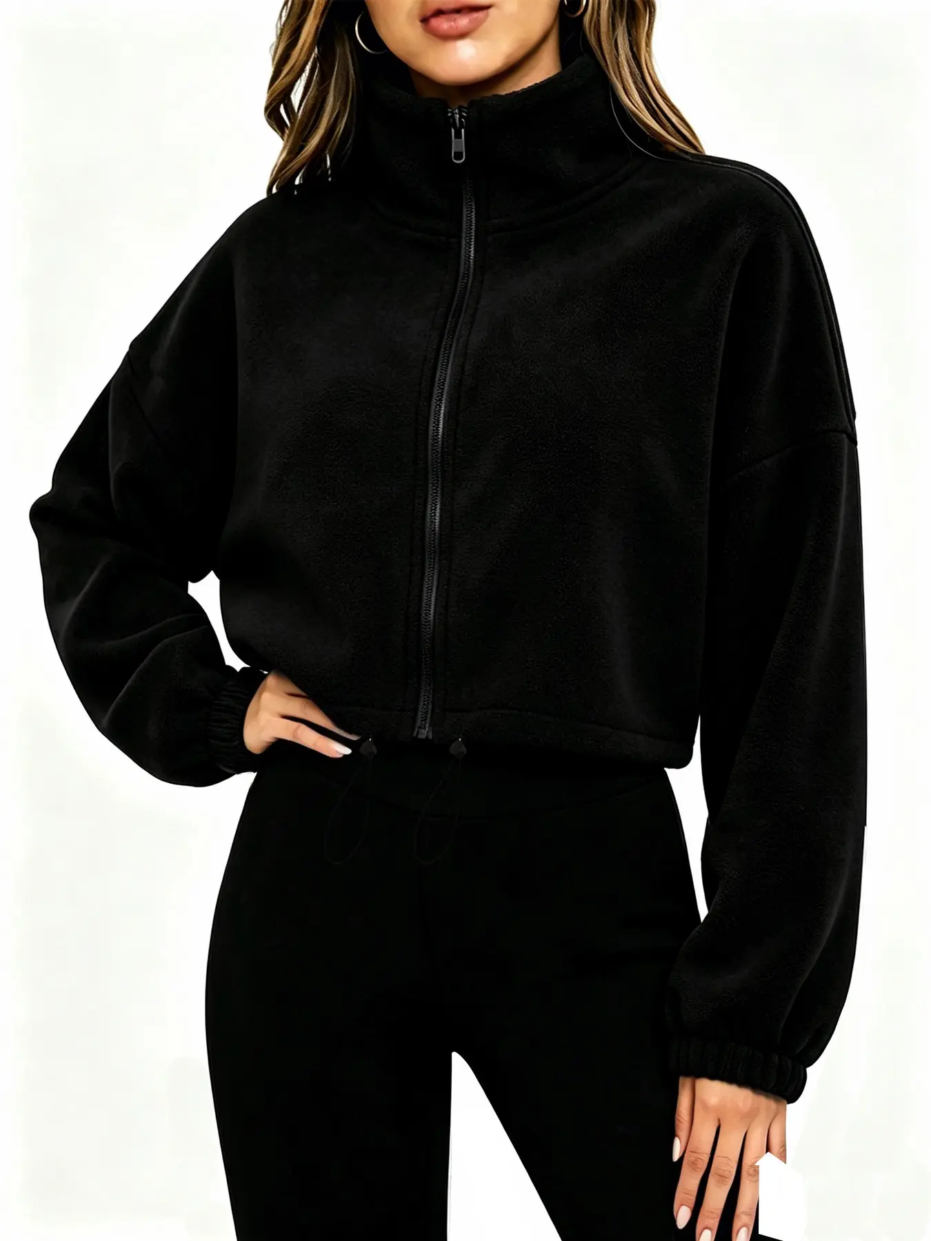 Women's Stand Collar Full Zip Adjustable Drawstring Hem Cropped Jacket, American Casual Y2K Style, Lazy Minimalist Design, Suitable For Daily Commute, Outdoor And Home Wear In Fall And Winter