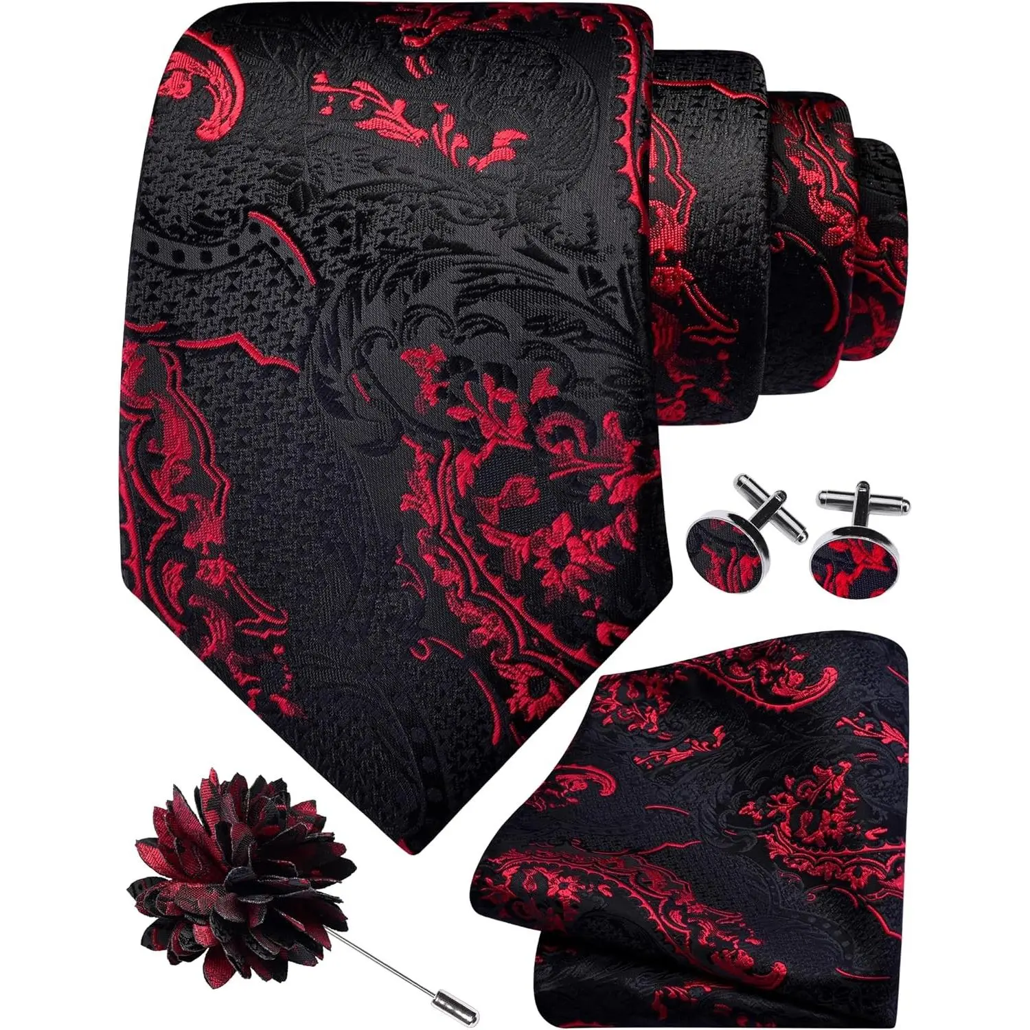 Men's 8cm Paisley Tie Set with Necktie, Lapel Pin, Pocket Square and Cufflinks(Gift)