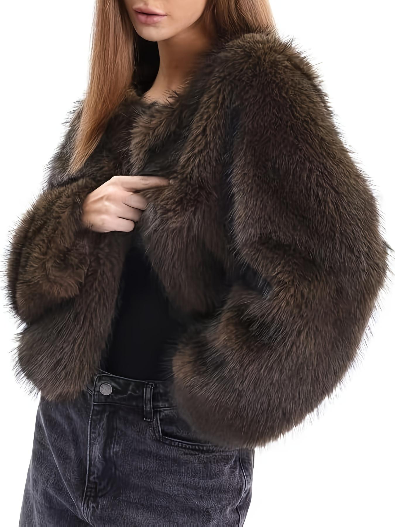 Women's Short Faux Fur Jacket - Brown Winter Coat with Pockets, Collar & Single-Breasted Closure, Hand Washable Synthetic Outerwear for Casual & Business, Short-Length Warm Coat - Fall/Winter Blazer