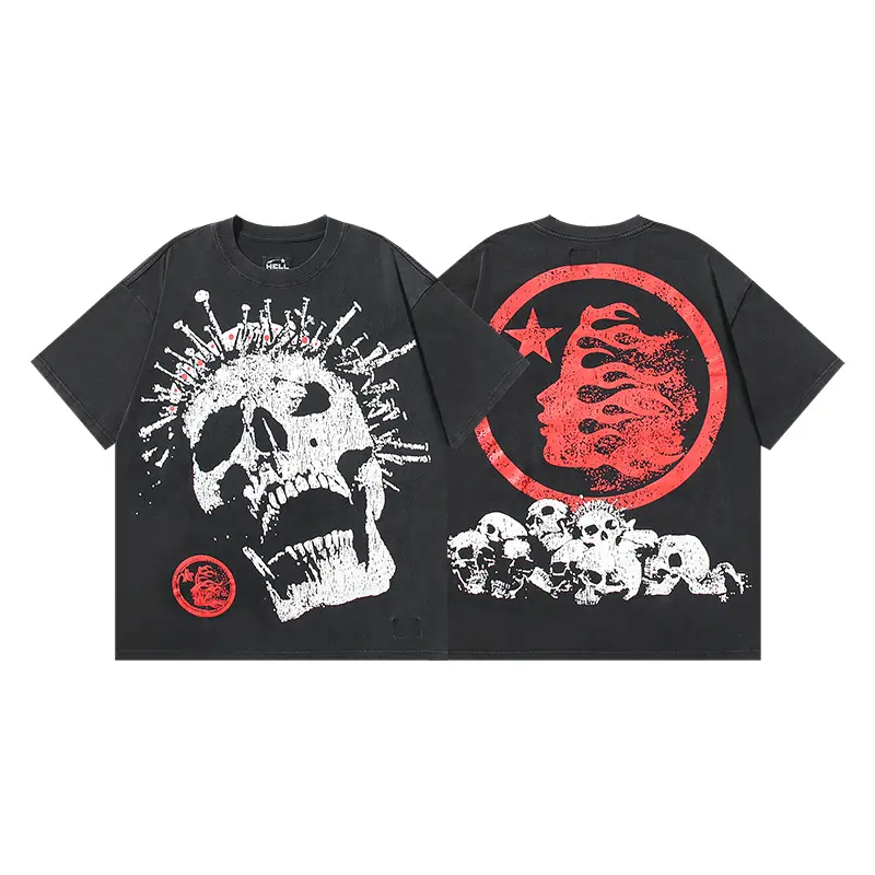 HELLSTAR Studios Vintage Washed graphic tee Heavyweight Cotton Oversized Crew Neck T Shirt Skull Demon NYC Horror Print Y2K Hip Hop Streetwear Unisex Short Sleeve Fall Fashion