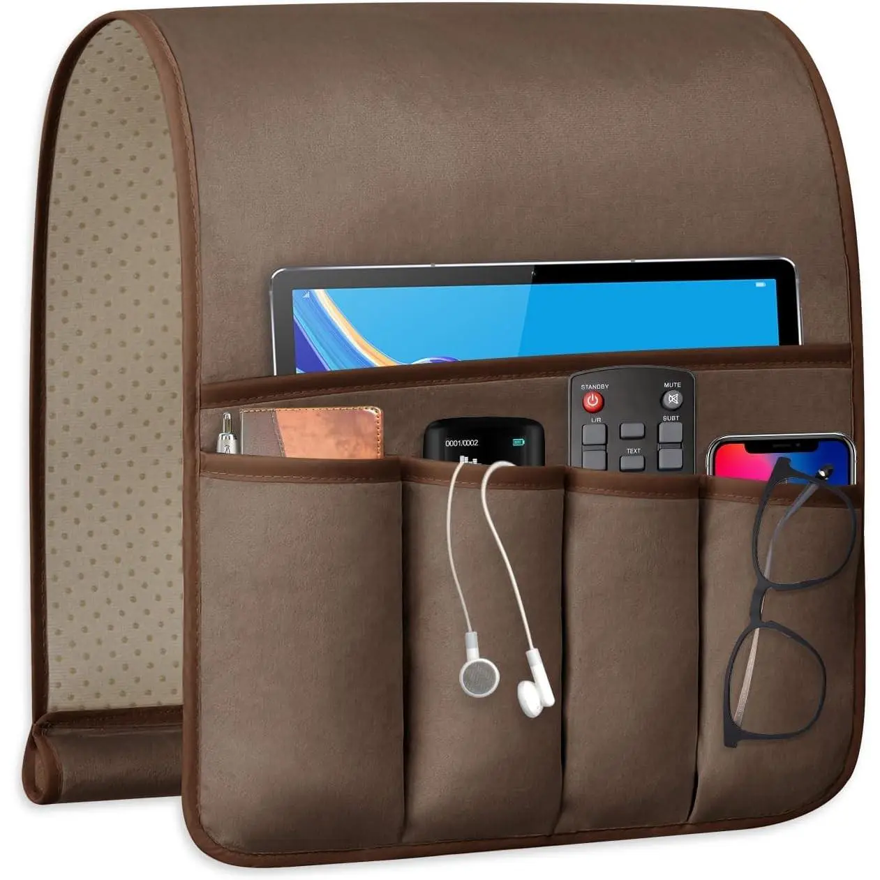 Remote Control Holder for Armchair, Couch Caddy Organizer TV Remote Holder for Bed Storage 5 Pockets, Remote Caddy Bedside Organizer Bedside Table Organizer (Brown, 35"x12.4")