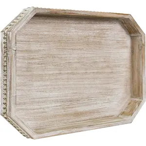Wooden Decorative Tray Rustic Serving Tray with Wood Bead Farmhouse Big Tray for Ottoman Countertop Coffee Tabl 16.5" x 13"x 1.6" (White Washed)