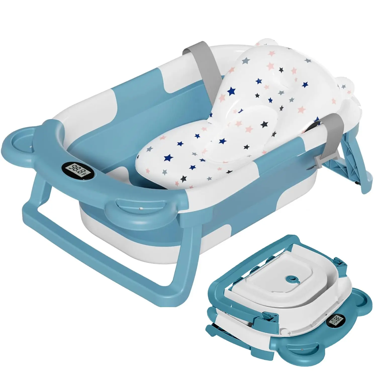 Collapsible Baby Bathtub  Infants to Toddler with Real-time Temp Monitor+Floating Cushion,Foldable Baby Bath Tub Set Applicable 0-36 Month,Perfect Portable Travel Baby Tub  Newborns Boy