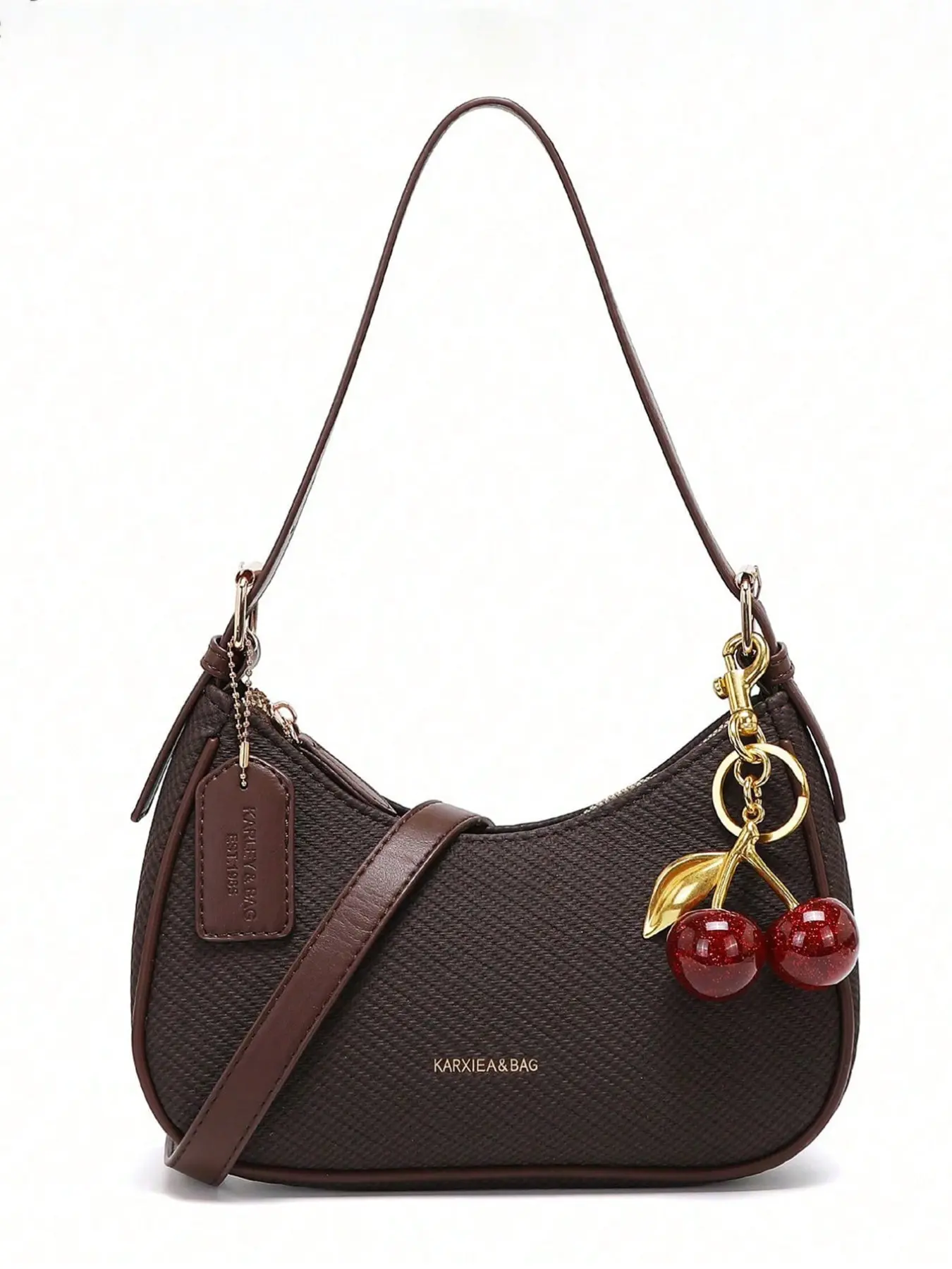 Fashionable Crescent Moon Bag, Y2K Crossbody Shoulder Bag, Simple Chic Girl Bag, Versatile Slung Bag with Cherry Charm, Adjustable Straps