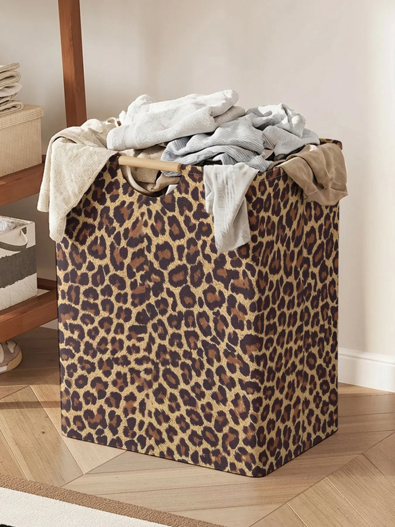 Leopard Pattern Open Storage Box, Foldable Laundry Basket with Handle, Laundry Hamper, Home Bathroom Dirty Clothes Organizer, Casual Duffel Weekender Bag
