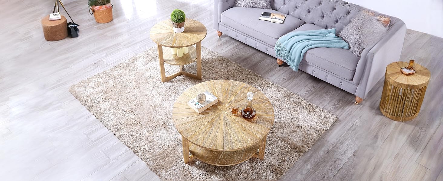 Round side table, natural wood-toned coffee table Double-tiered round sofa side table with storage functionality Vintage-inspired natural wood round bedside table Solid wood bedside table suitable for living rooms, bedrooms, and offices wildlife prints