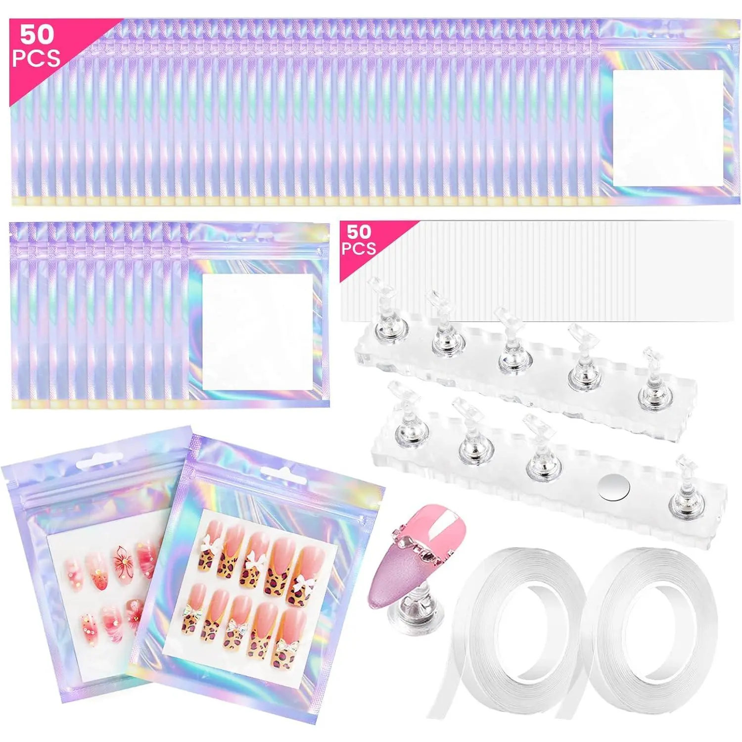 50 PCS Nails Packaging Bags with Nail Stand for Fake Nail, Holographic Press On Nail Storage Container Nail Art Kit for Diy Design,Nail Cardboards with 2 Double-sided Adhesive Tape Salon Home
