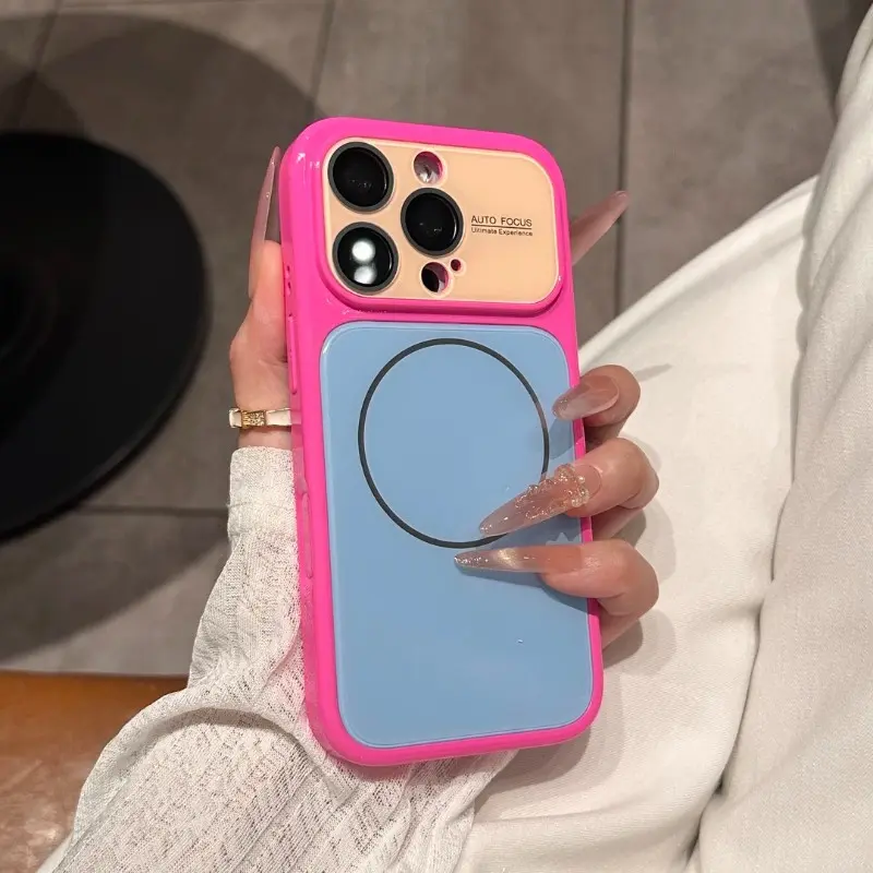 Magnetic collision color shock-absorbing phone case suitable for iPhone 17, 16, 15, 14, 13 Pro Max, smooth shiny pink edge, soft frame, color block diagram, acrylic backboard compatible with MagSafe wireless charging, male and female couple phone cases