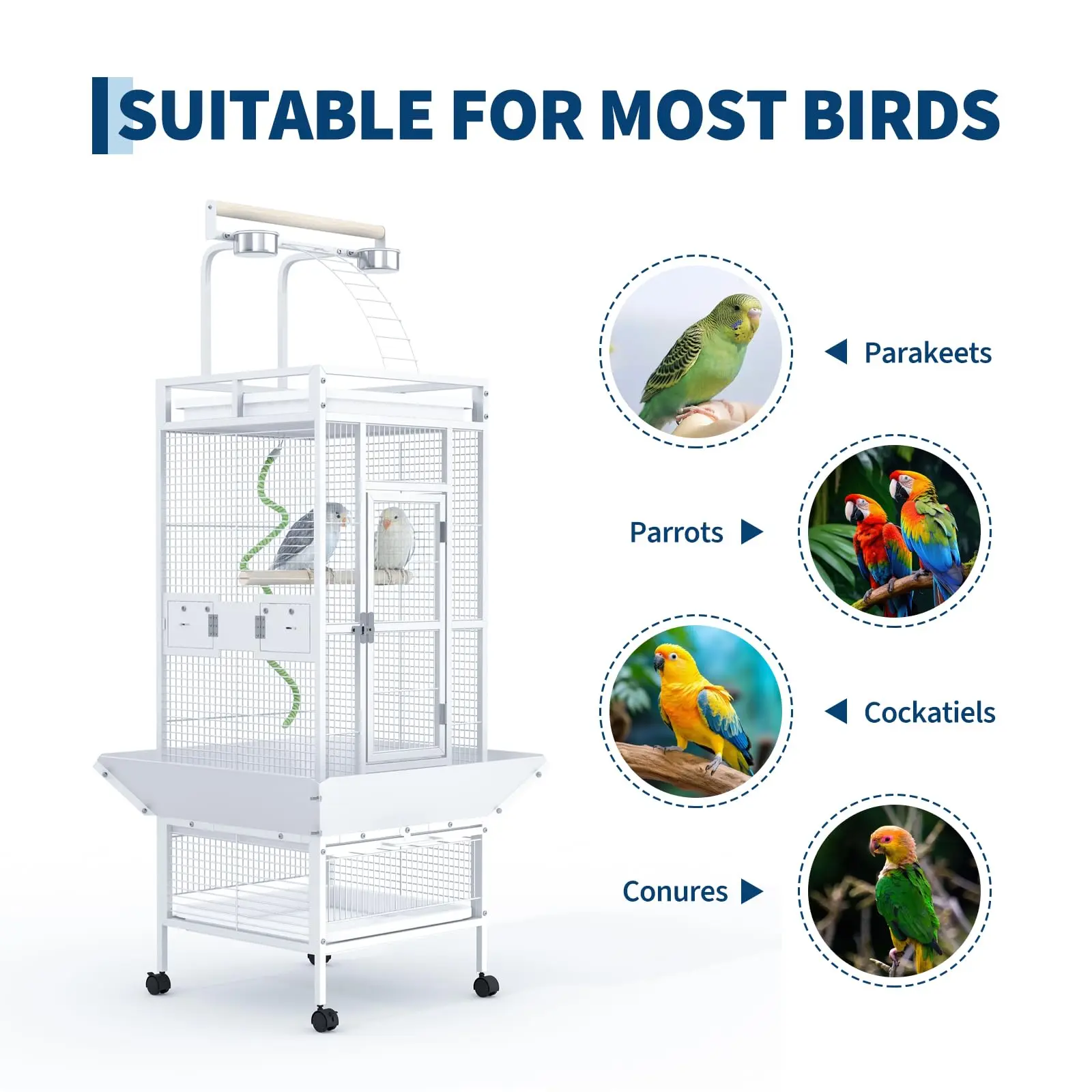 Large Bird Cage, Indoor Parakeet Cage with Playtop, Bird Rope Perche, Heavy Duty Wrought Iron Bird Cage on Wheels for Parrots, Parakeets, Cockatiels, Conures