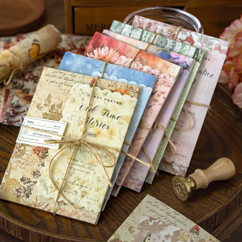 6 sets, 1 set with 30 sheets vintage dreamy material paper featuring vintage flowers, blooming flowers, various floral themes, vintage style, white kraft paper material, self adhesive, DIY journaling decoration scrapbook material paper