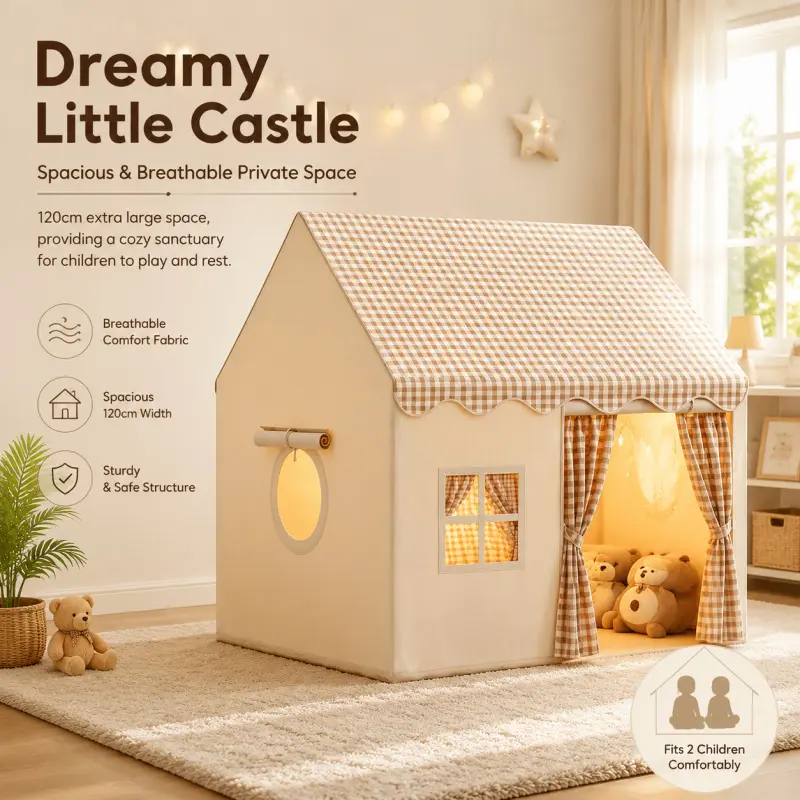 Large Game House Tent Breathable Plaid Fabric Indoor, Play Castle Spacious Private Play Space, Kids Fun Activity Area, Pretend Play Tent