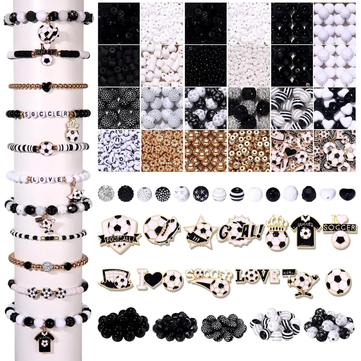 2500 count+ Soccer Beads Charms for Bracelet Making Black White   Heishi Clay Beads Enamel Soccer Ball Jersey Charms for  Day Bracelet Necklace Earrings Making DIY Crafts (Black White)