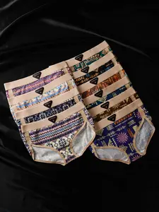 10 Pcs Biweier Women's Cotton Briefs, Soft Skin-Friendly, Stretchy Slim Fit, Ethnic Style Print Underwear, Ideal for Gifts, Sports, Daily Wear