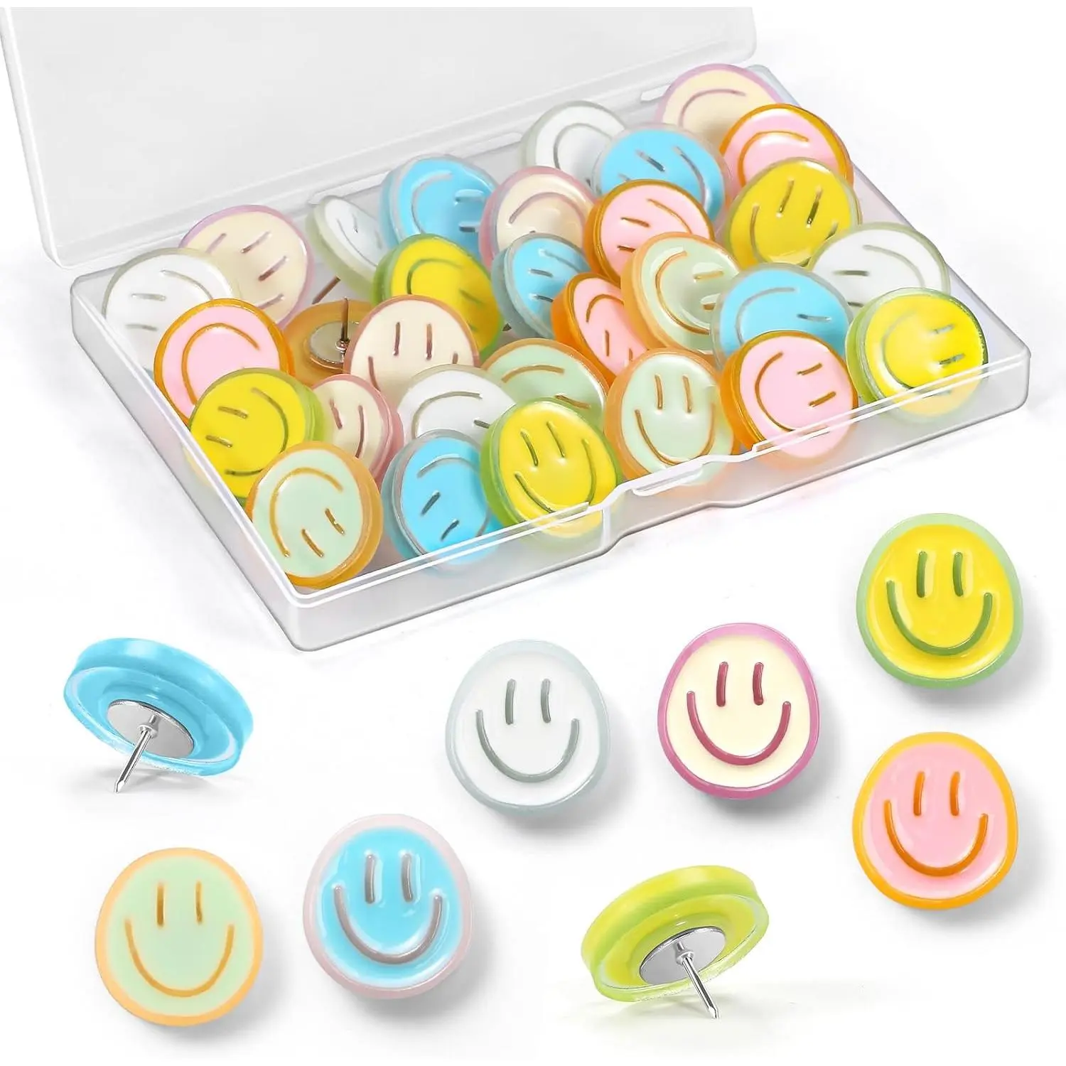 6-Color Multiple Styles Decorative Smiley Push Pins (30 Count) - Sewing & Craft Supplies, Thumb Tacks for Bulletin Boards, Cork Board Decor