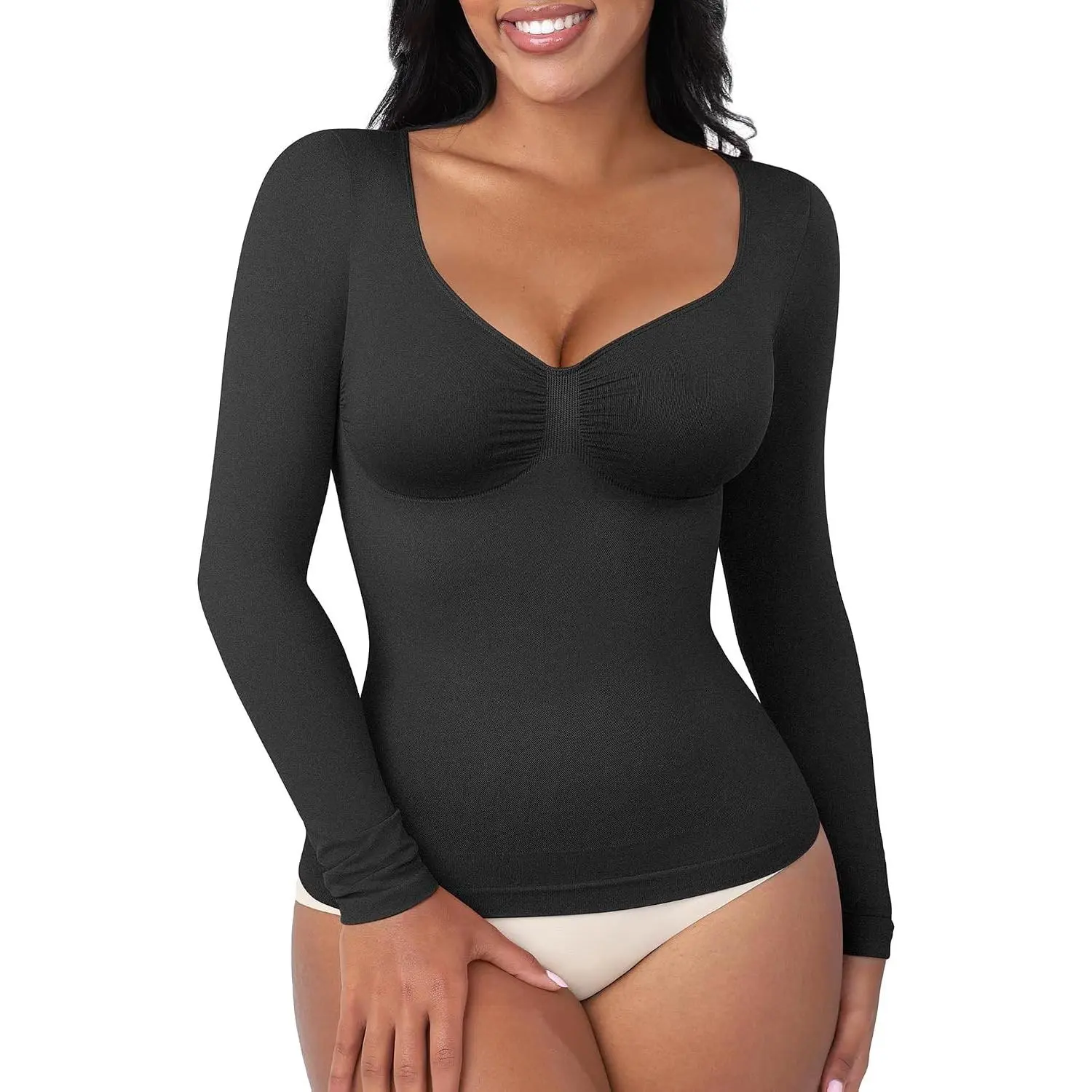 Long Sleeve V-Neck Tummy Control Shapewear Tops for Women | Compression Shirt, Slimming Body Shaper, Seamless Tops, No Bra Needed, Sleeker Arms, Versatile Inner-and-Outer Wear