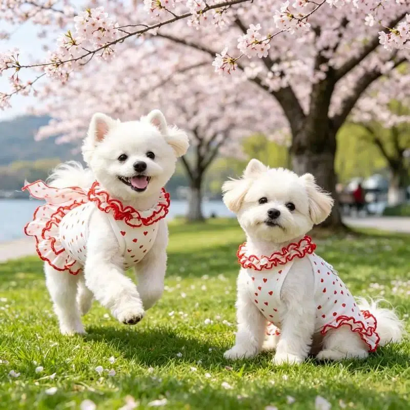 Princess Dog & Cat Dress - Red Heart Floral, Ruffle Skirt, Sleeveless Pet Apparel for Summer Walking, Party, Cute Look