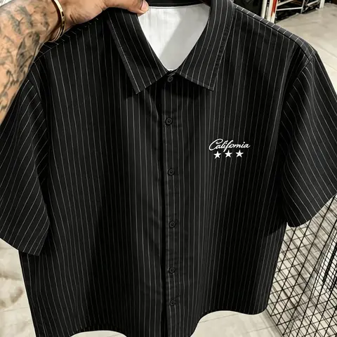 Men's American Vintage Striped Short Sleeve Shirt, Comfortable Breathable Fabric, California Script + Star Pattern, Casual Streetwear Blouse, Collared Shirts