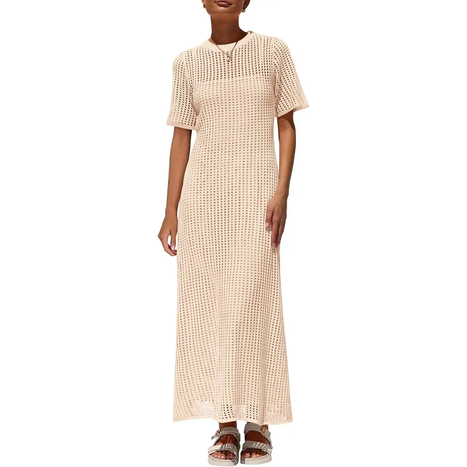 Women's Eyelet Cover-Up Dress - 2026 Summer Vacation Resort Maxi, Short-Sleeve Hollow-Out Sundress with Chic Crochet Accents, Matching Camisole & Outfits Set, Earrings, Baby, Cocktail, Pool, Crew Neck, Two Piece Dress