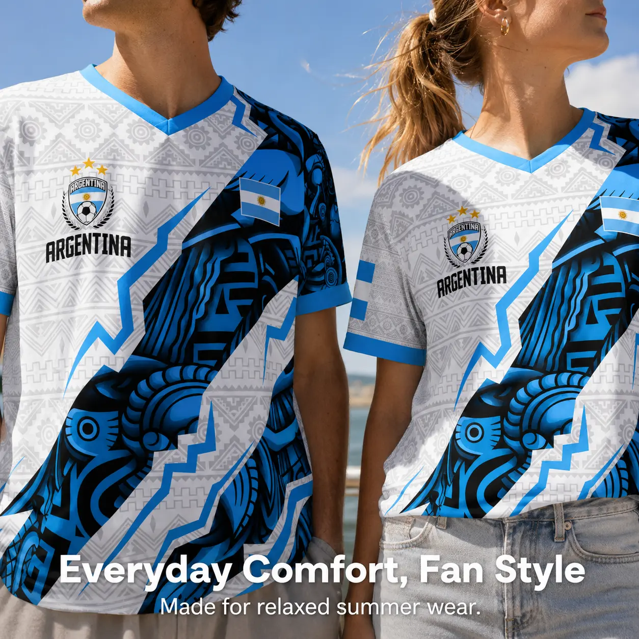 Men's Argentina V-Neck Jersey, Graphic Tribal Football Fashion Shirt for Summer Streetwear, Lightweight & Breathable, Soccer Jerseys, Parades, Relaxed Fit, Game-Day Look, Argentina Theme