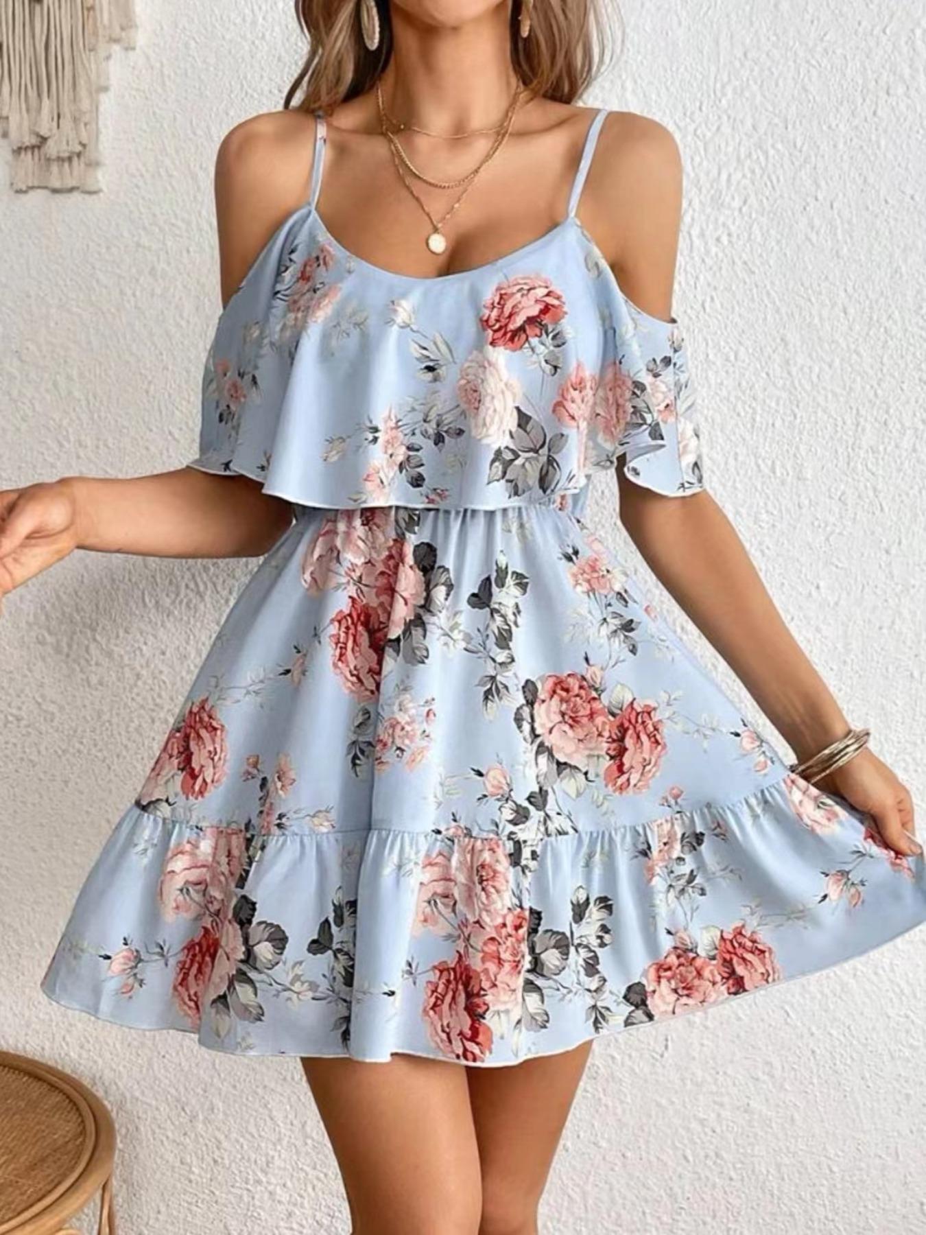 Women's Summer Casual Fashion Backless Strapless Ditsy Floral Dress, Boho Vacation Style Slimming Fit, Short Sleeve Fitted Dress