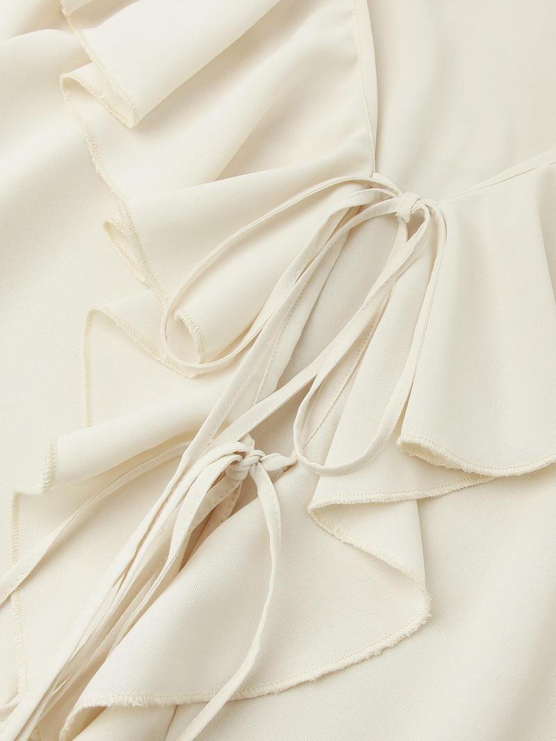 Women's Solid Ruffle Trim Blouse & Shorts Two-Piece Set, Casual Bishop Sleeve Long Sleeve Top & Shorts for Daily Wear, Ladies Two-piece Outfits for Summer