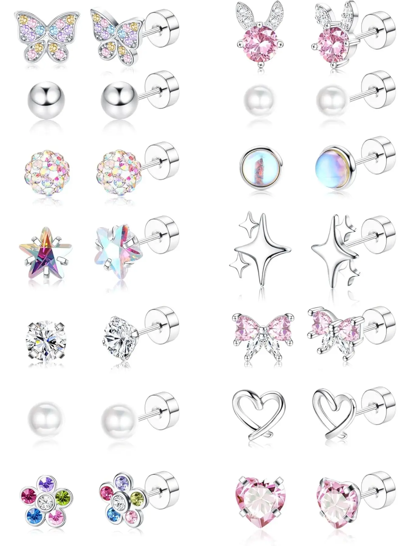Silver Hypoallergenic Earrings for Girls Ages 8-12, Screw Back Stud Earrings for Kids, Cute Flat Back Steel Earring for Little Girl Sensitive Ears, Tiny Screwback Toddler Earrings Set
