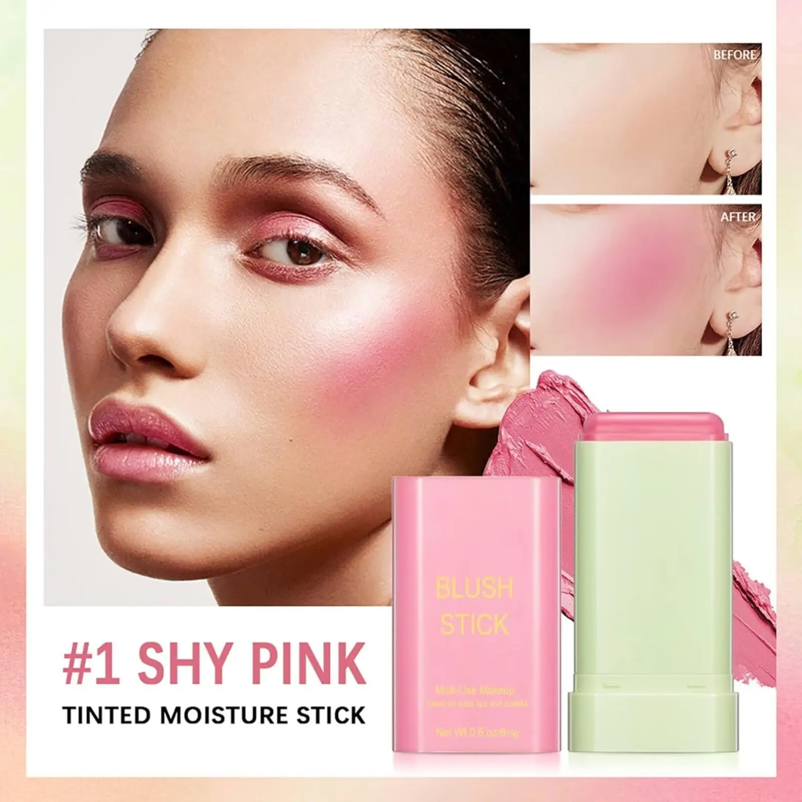 Beauty Solid Moisturizer,Multi-Use Hydrating Makeup Blush Stick,Waterproof Natural Nude Makeup,Tinted Moisturizing Solid Moisturizer Stick for Eyes Lips Cheek(1#pink)